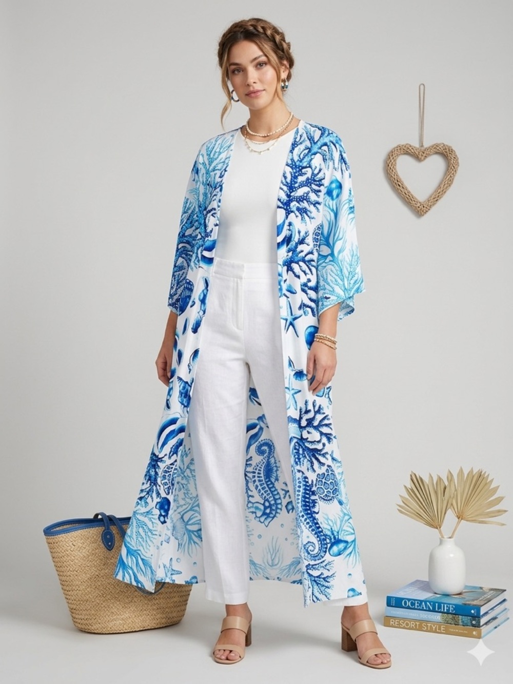 Lulla Collection Blue White Ocean Print Kimono Cover Up Coastal Duster ONE SIZE